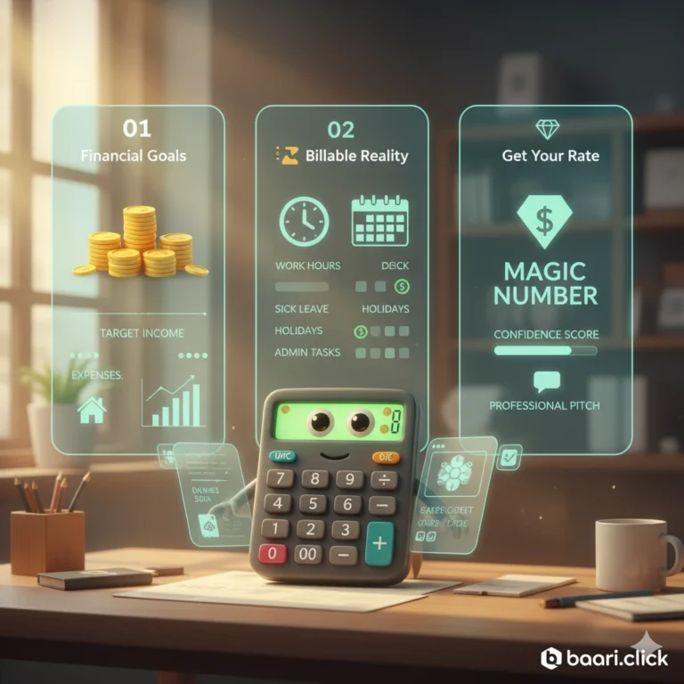 A 3D cartoon calculator showing a 3-step process to calculate freelance hourly rates, financial goals, and billable hours on baari.click.